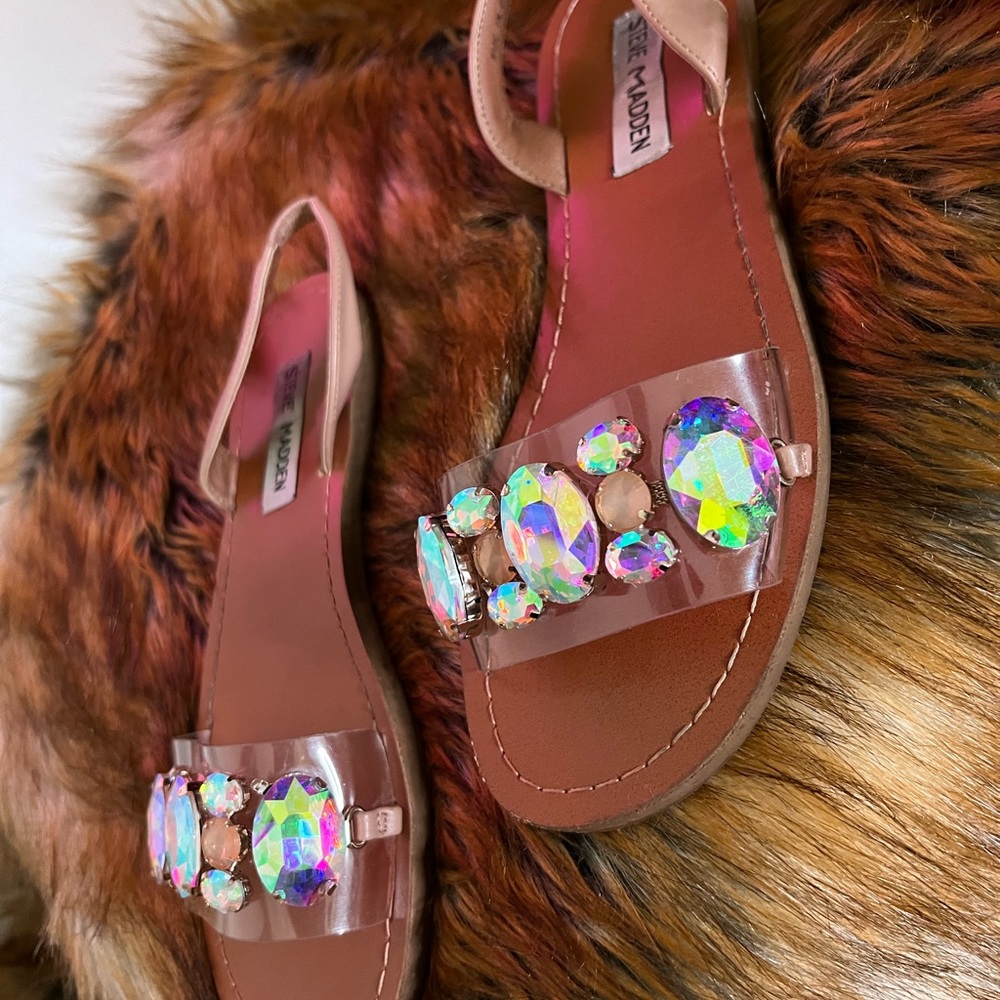 Steve Madden size 7 sandals with iridescent crystals on clear strap